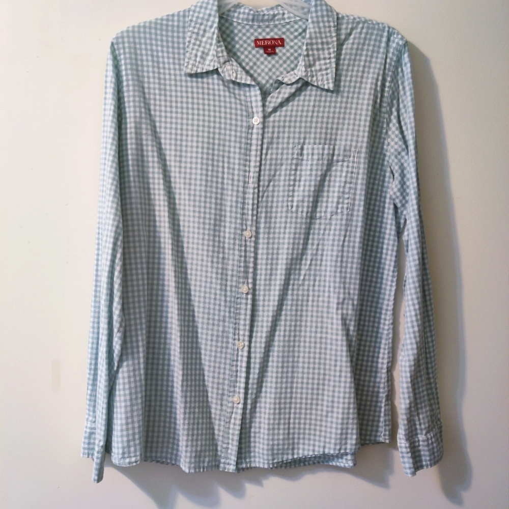 Merona Plaid Checkered Button Down Green White M 100% Cotton